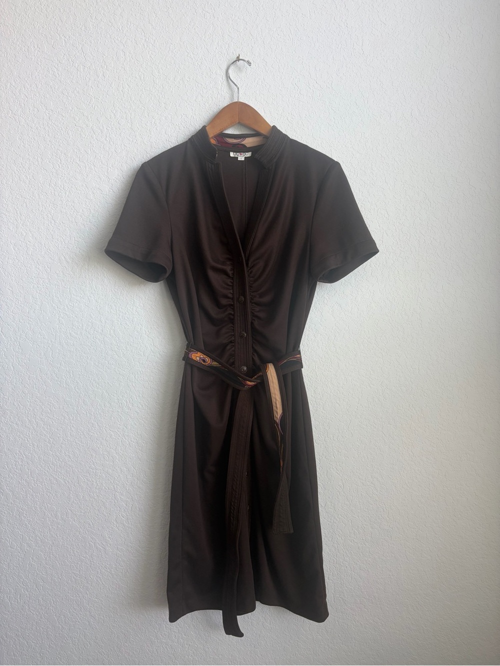 OC+OC Women's Dark Brown Short-Sleeve Button-Front Dress with Retro Waist Tie